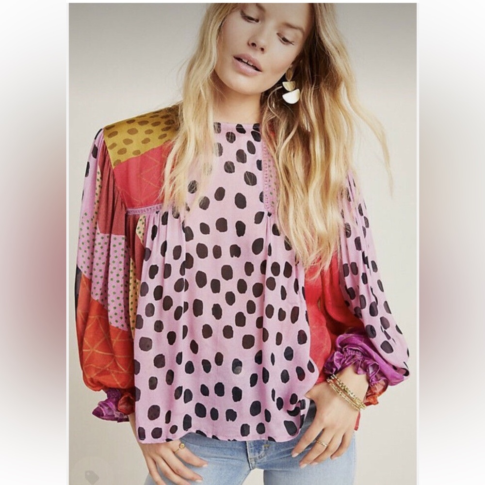 Anthropologie Pink Multi-Print Balloon Sleeve Blouse